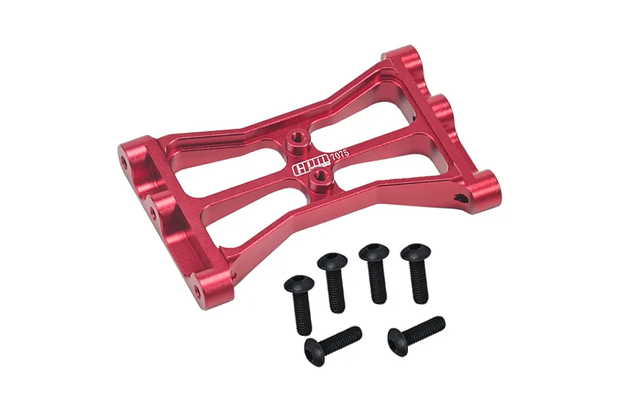 A red anodized aluminium GPM Racing rear chassis brace for an RC car, shown with six black screws on a white background.