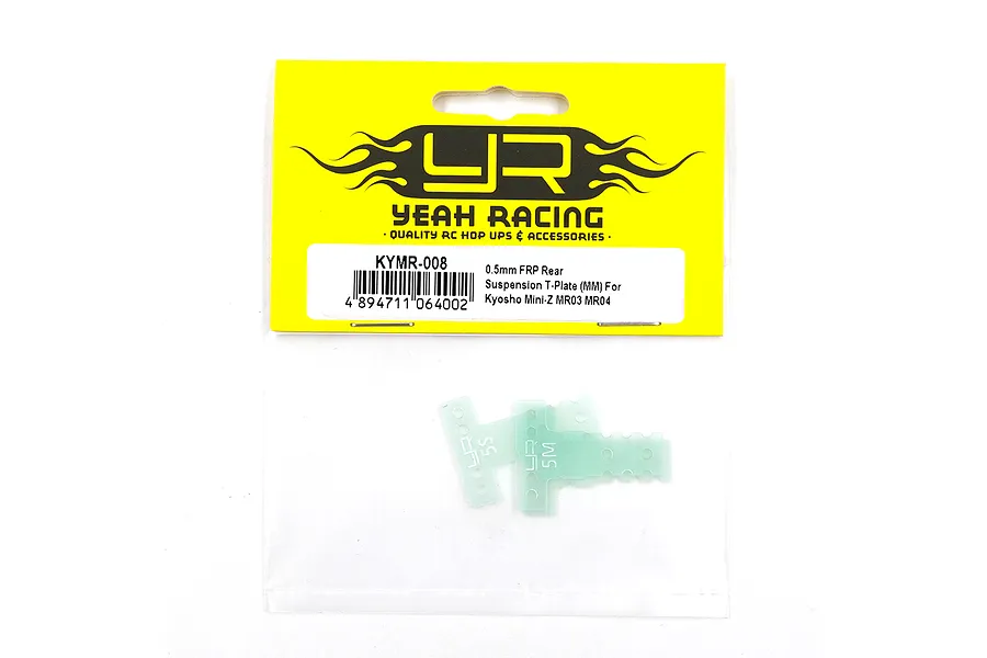 Yeah Racing 0.5mm FRP rear suspension T-plates for Kyosho Mini-Z MR03 and MR04 in original retail packaging.