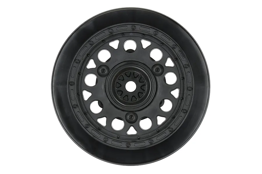 A single black Pro-Line 2.2/3.0 inch Dirt Oval short course RC car wheel rim viewed from the front.