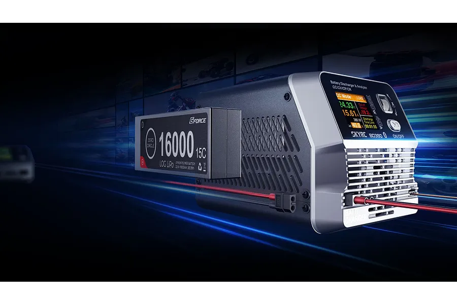 SkyRC BD380 Battery Discharger and Analyser connected to a GForce LiPo battery with a digital display showing discharge data.