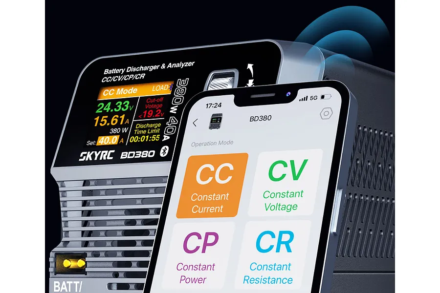 SkyRC BD380 Battery Discharger and Analyzer shown next to a smartphone displaying the control app interface with CC, CV, CP, and CR mode options.