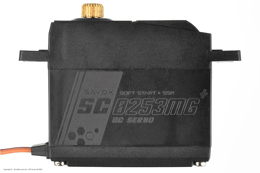 Side profile of a black Savox SC-0253MG Plus standard RC servo with a gold output spline, set against a clean white background.
