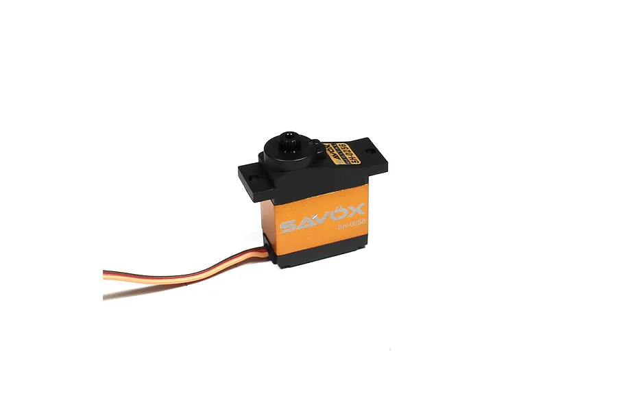 A Savox SH-0256 micro servo with an orange aluminium case and black plastic top, featuring a three-wire connector cable.