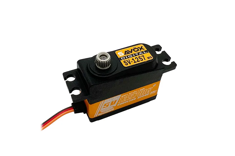 Savox SV-1257MG digital servo with an orange aluminium middle case and black plastic top and bottom, featuring a metal output gear.