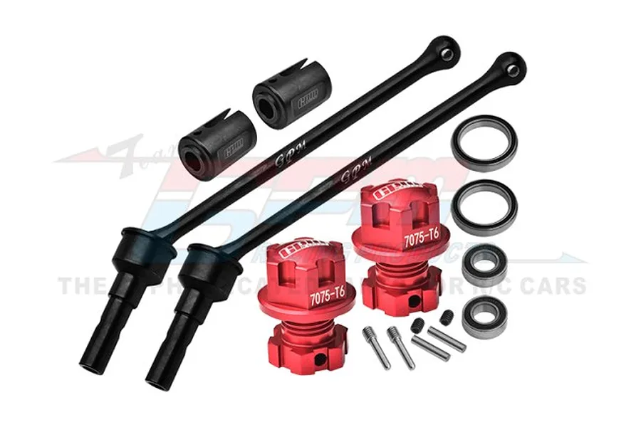 GPM Racing 110mm carbon steel CVD driveshafts with red aluminium wheel hex adapters, bearings, and hardware on a white background.