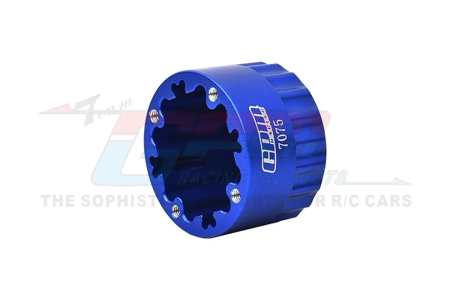A blue anodized aluminium differential case for an RC car, featuring a star-shaped internal profile and GPM Racing branding.
