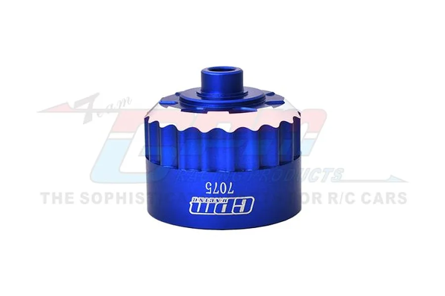 A blue anodized aluminium differential case for RC cars by GPM Racing, featuring a fluted design and laser-etched branding.