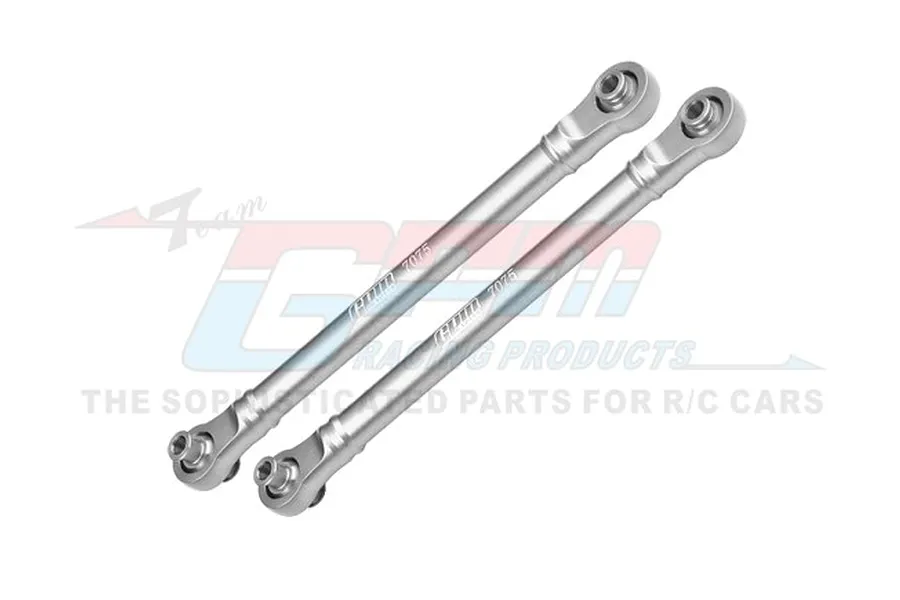 Two silver aluminium RC steering linkages from GPM Racing, featuring ball ends and engraved 7075 markings, set against a branded white background.