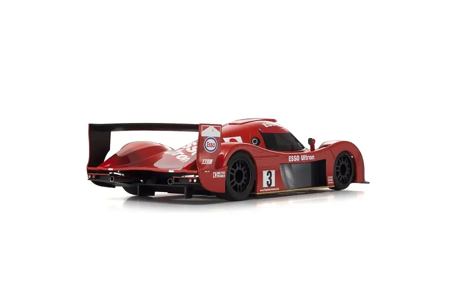 Rear three-quarter view of a red Kyosho Mini-Z Toyota GT-One TS020 RC car with No. 3 livery on a white background.