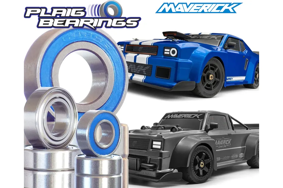 Plaig RC bearing kit for Maverick Quantum R and RX Flux V2, featuring multiple metal ball bearings with blue rubber seals alongside images of the RC cars.