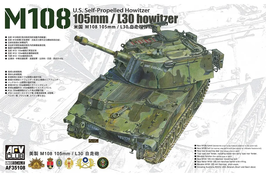 AFV Club 1/35 105mm/L30 M108 Howitzer Tank Scaled Plastic Model Kit w/Australian Decals image 96266