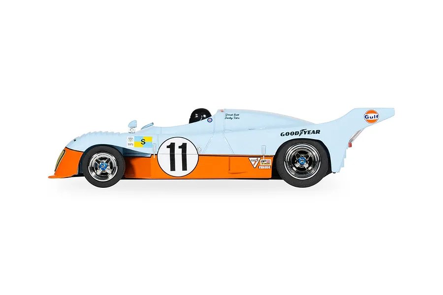 Side profile of a 1/32 scale Scalextric Mirage GR8 slot car in iconic light blue and orange Gulf racing livery with number 11.