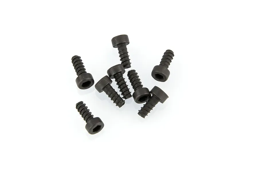A cluster of eight black metal cap head screws with coarse threads arranged on a white background.