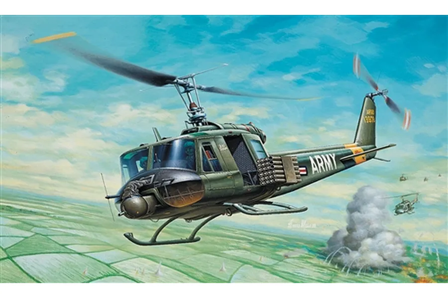 Box art painting of a military UH-1B Huey helicopter in flight over a landscape with smoke and other helicopters in the distance.