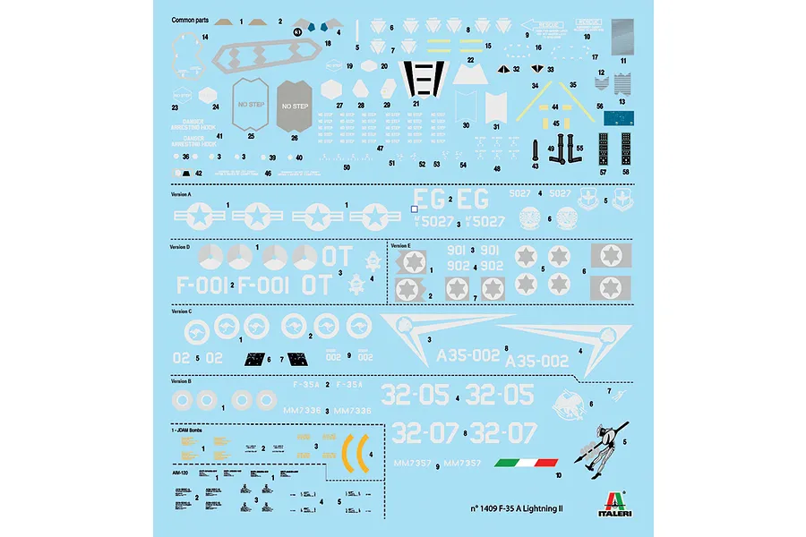 A decal sheet for an Italeri 1/72 scale F-35A Lightning II model kit, featuring various markings, stencils, and national insignias including Australian roundels.