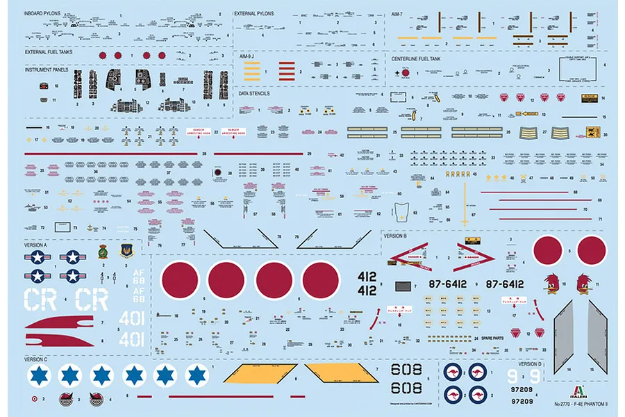 A decal sheet for an Italeri 1/48 F-4E Phantom II model kit, featuring various stencils, national insignias, and markings for multiple aircraft versions.