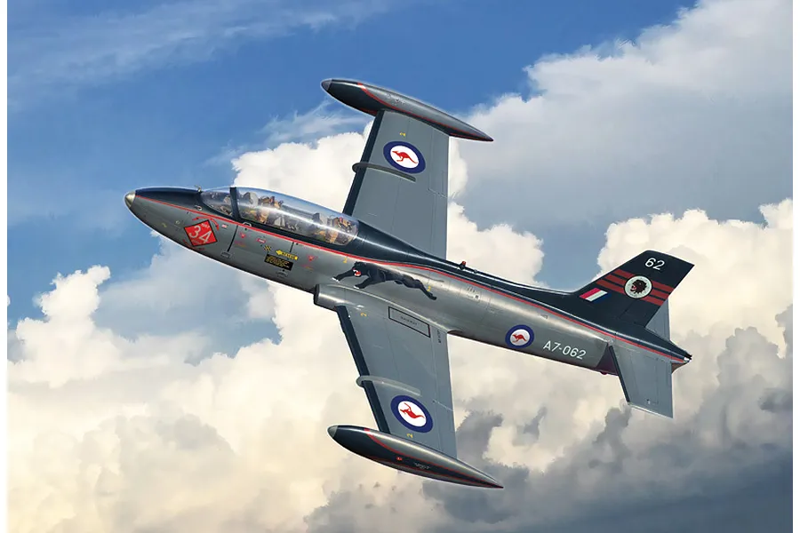 An Aermacchi MB-326 jet trainer aircraft in flight against a cloudy blue sky, featuring RAAF markings and a black panther decal on the fuselage.