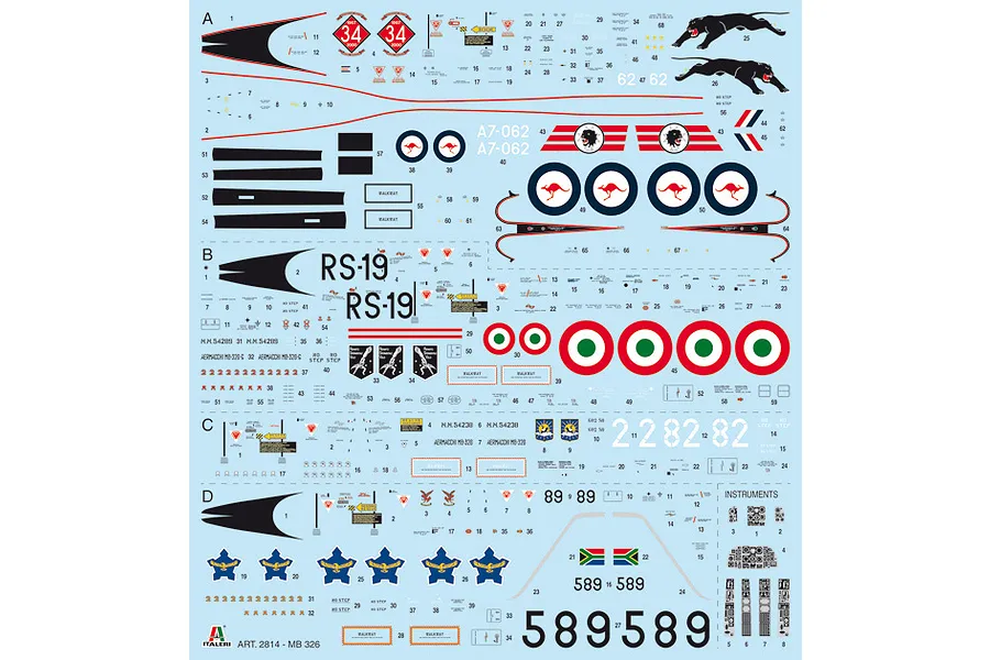 A decal sheet for the Italeri 1/48 Aermacchi MB 326 model kit, featuring various national insignias, serial numbers, and instrument panel markings.