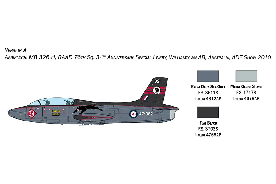 A digital profile view of an Aermacchi MB 326H aircraft in RAAF 76th Squadron 34th Anniversary livery, including a paint colour guide.