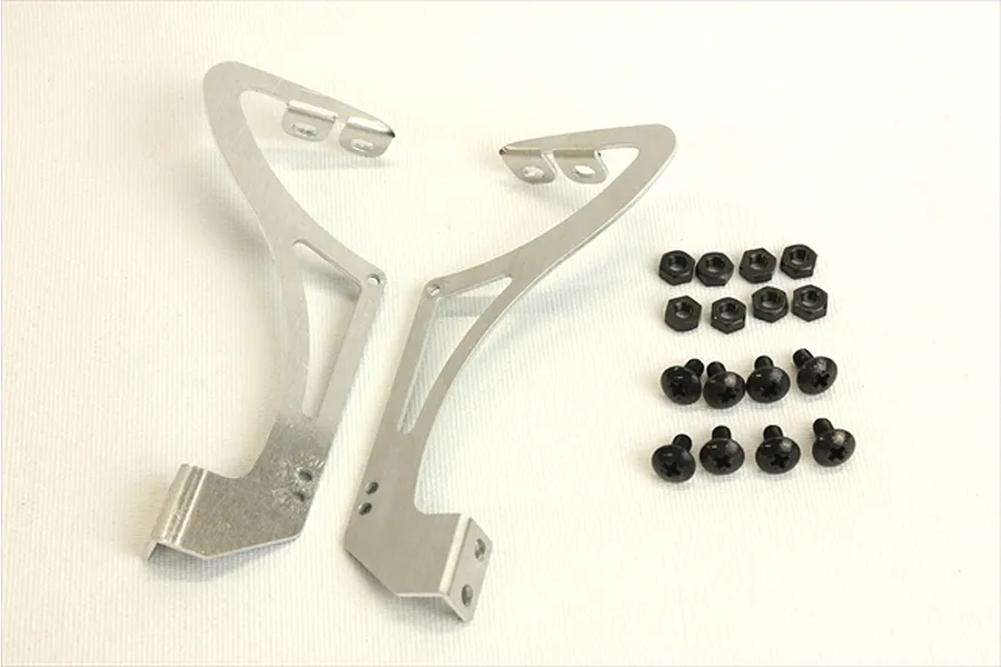 Pandora RC silver aluminium swan neck rear wing mounts with included black screws and nuts on a white background.