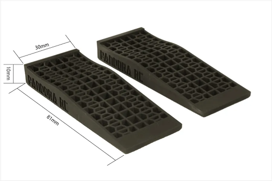 Two black unpainted 1/10 scale RC tyre slopes by Pandora RC with dimension lines showing 81mm length, 30mm width, and 10mm height.