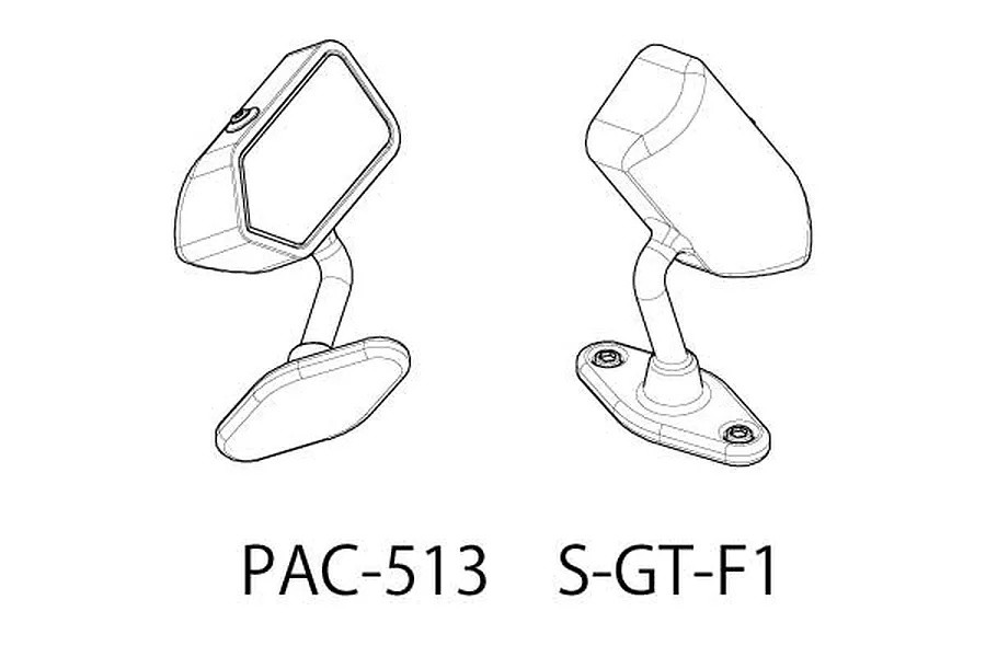 A technical line drawing of two RC car side mirrors, labeled PAC-513 S-GT-F1, showing the mirror housing and mounting base.