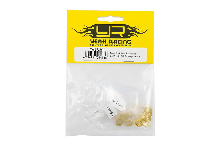 Yeah Racing brass M3 x 8mm flat washer assorted set in original yellow and clear plastic packaging.
