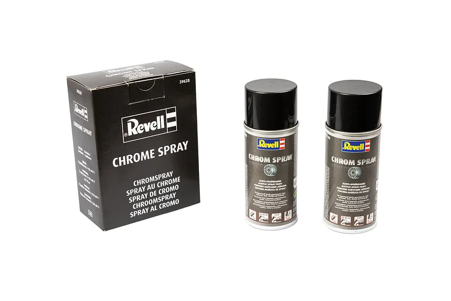 Revell Chrome Silver Acrylic Spray Paint 150ml showing one cardboard box and two spray cans against a white background.
