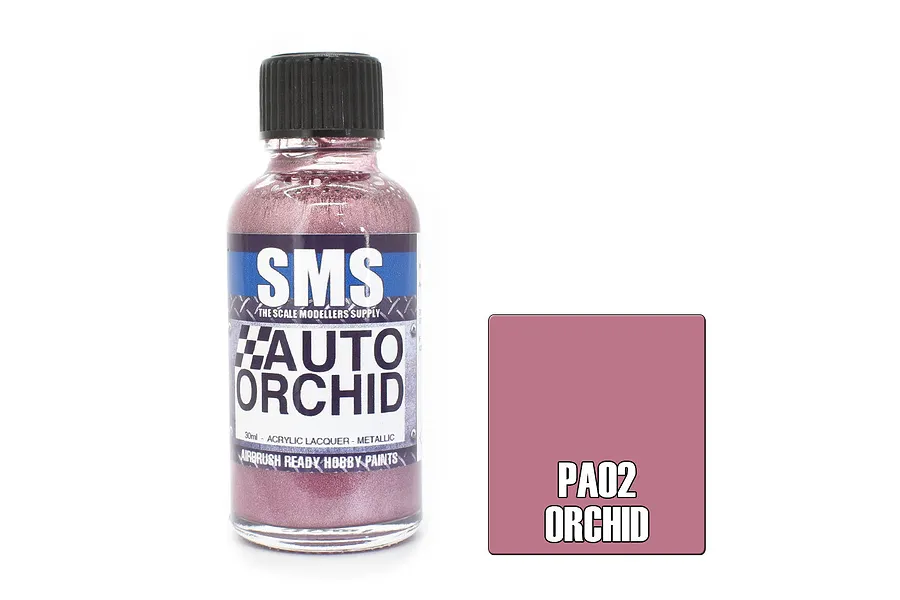 A 30ml bottle of SMS Auto Orchid metallic acrylic lacquer paint next to a square color swatch labeled PA02 Orchid.