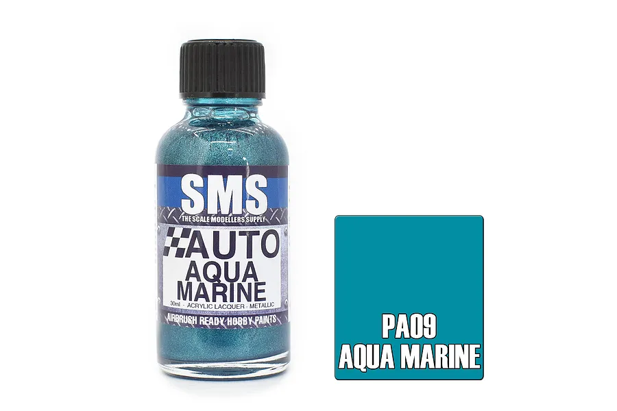 A 30ml bottle of SMS Auto Aqua Marine metallic hobby paint with a black cap, next to a color swatch labeled PA09 Aqua Marine.
