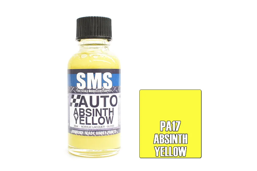 A 30ml bottle of Scale Modellers Supply Absinth Yellow acrylic lacquer paint next to a yellow color swatch.