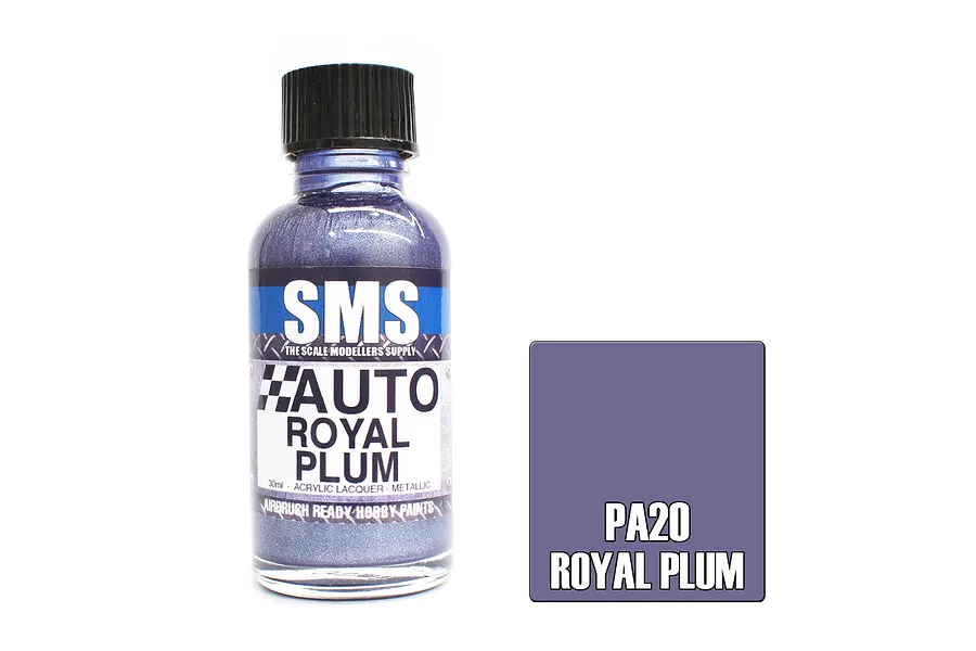 A 30ml bottle of Scale Modellers Supply Auto Royal Plum metallic acrylic lacquer paint next to a color swatch square labeled PA20 Royal Plum.