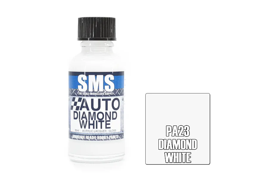 A 30ml bottle of SMS Auto Diamond White paint with a black cap, next to a white square swatch labeled PA23 Diamond White.