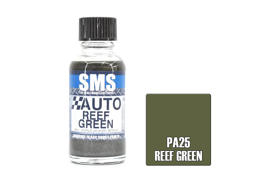 A 30ml bottle of SMS Auto Reef Green paint next to a square color swatch labeled PA25 Reef Green.