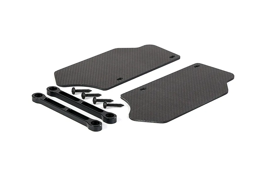 Rovan carbon fibre front suspension arm guards with black metal support bars and screws on a white background.