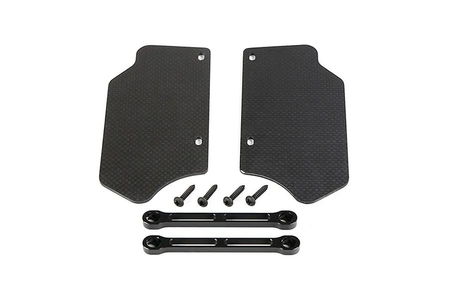 Rovan carbon fibre front suspension arm guards with mounting hardware and metal support bars on a white background.