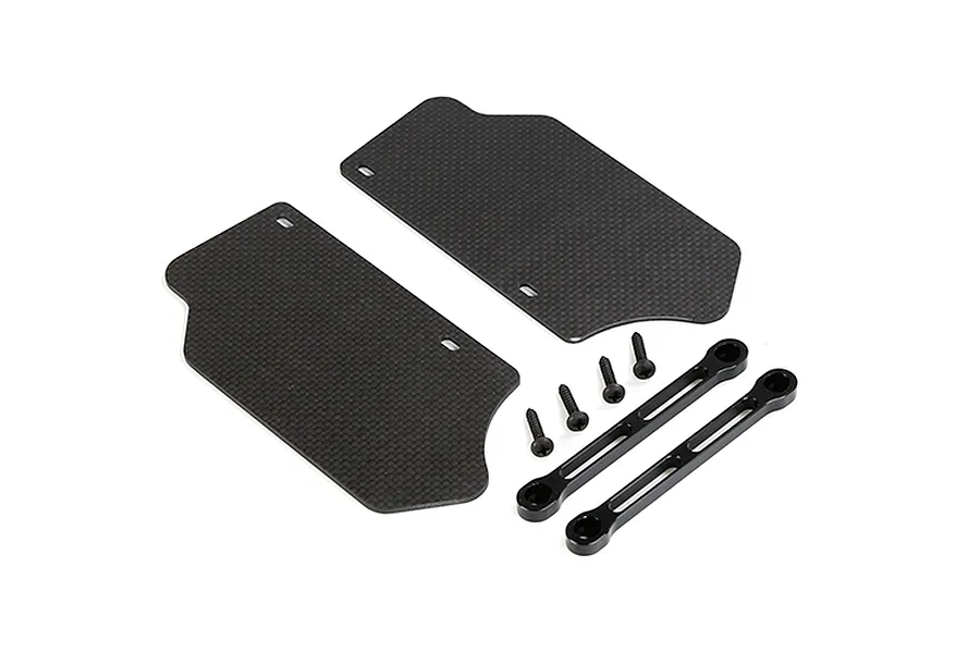 Rovan carbon fibre front suspension arm guards with mounting hardware on a white background.