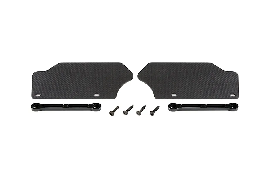 Two carbon fibre front suspension arm guards with two black metal mounting bars and four screws on a white background.