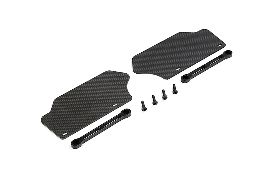 Two carbon fibre suspension arm guards, two black metal support bars, and four small screws arranged on a white background.