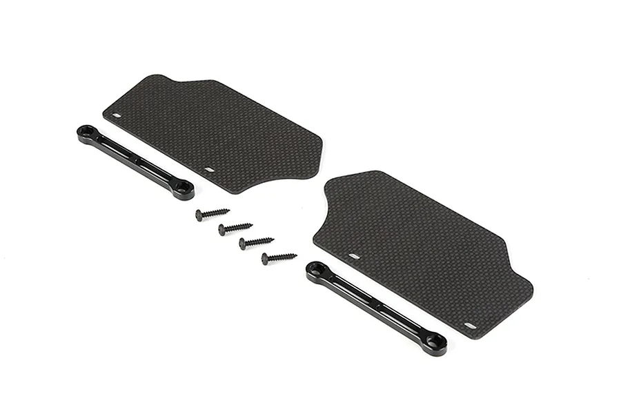 Rovan carbon fibre front suspension arm guards with metal support bars and screws on a white background.