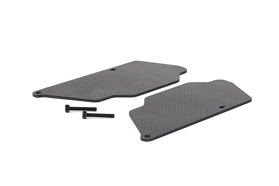 Two black carbon fibre rear suspension arm guards with a woven texture and two included black metal screws on a white background.