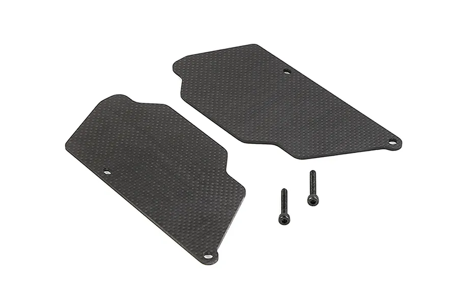 Two carbon fibre rear suspension arm guards for an RC car, shown with two small black metal screws on a white background.