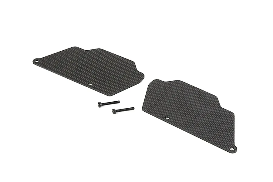 Two black carbon fibre rear suspension arm guards with a woven pattern and two small black metal screws on a white background.
