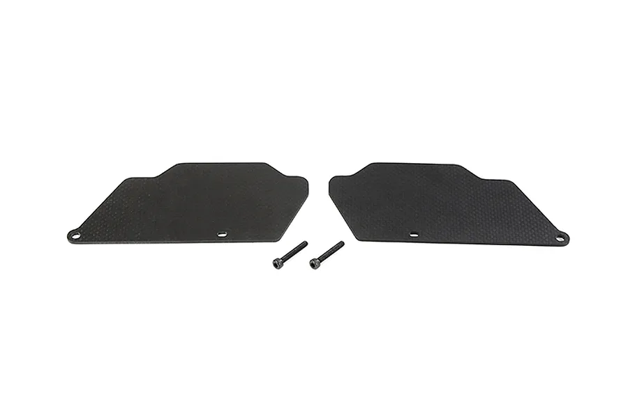 Two black carbon fibre rear suspension arm guards for an RC car, shown with two small metal mounting screws on a white background.