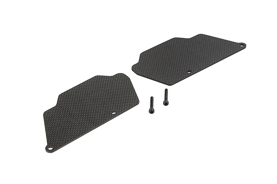 Two black carbon fibre rear suspension arm guards for an RC car, shown with two small mounting screws on a white background.