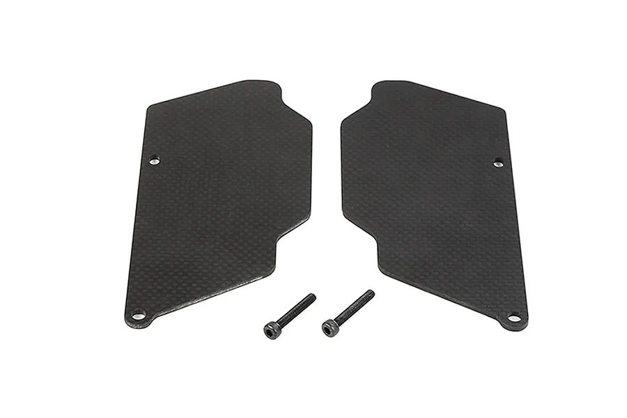 Two black carbon fibre rear suspension arm guards for an RC car, shown with two small mounting screws on a white background.