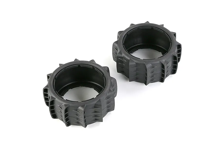 Two black Rovan 1/5 scale rear paddle tyres for RC buggies, shown from an angled perspective on a white background.
