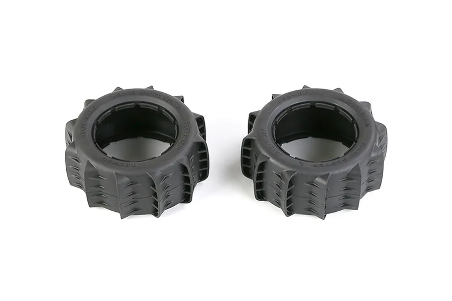 Two black Rovan 1/5 scale rear paddle tyres for RC buggies, featuring a deep tread pattern for sand performance.