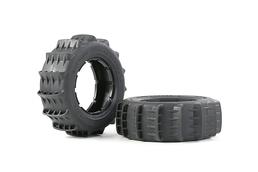 Two black Rovan 1/5 scale paddle tyres for RC buggies, featuring a deep tread pattern for sand, shown against a white background.