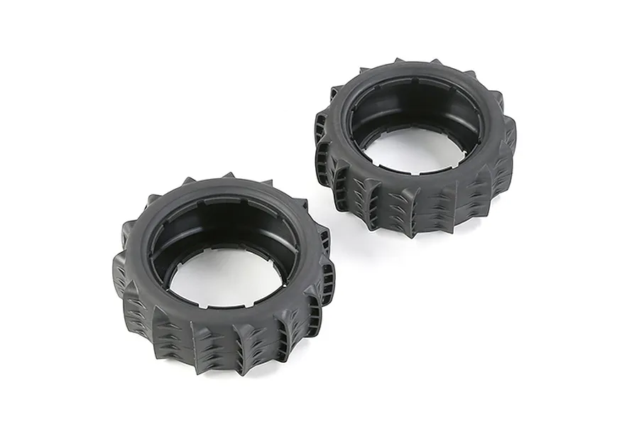 Two black Rovan 1/5 scale paddle tyres for RC buggies, shown from an angled perspective on a white background.
